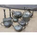 Quantity of mainly 19th century pewter to include teapots, Arts and Crafts style hammered items etc