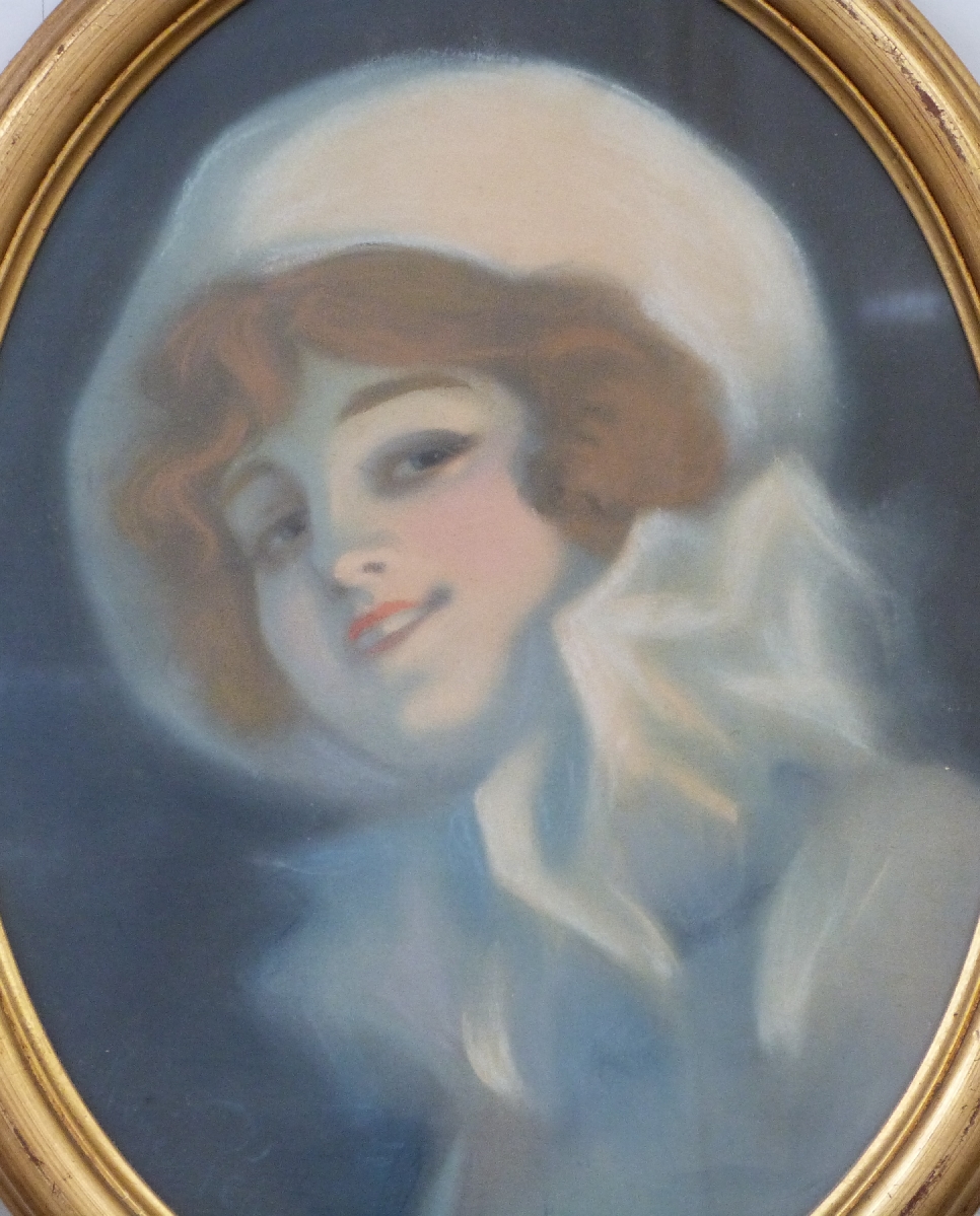 Rene Pean (1875-1945) pastel of a lady, signed lower left, maximum diameter 38cm - Image 2 of 3