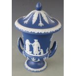 Wedgwood Jasperware twin handled pedestal covered campagna urn, Height 27.5cm