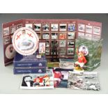 A collection of football memorabilia and autographs including a Gordon Banks signed photo, Geoff