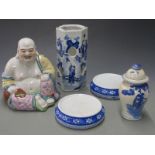 Chinese blue and white lidded vase, two blue and white bases, a Buddha and a Chinese blue and