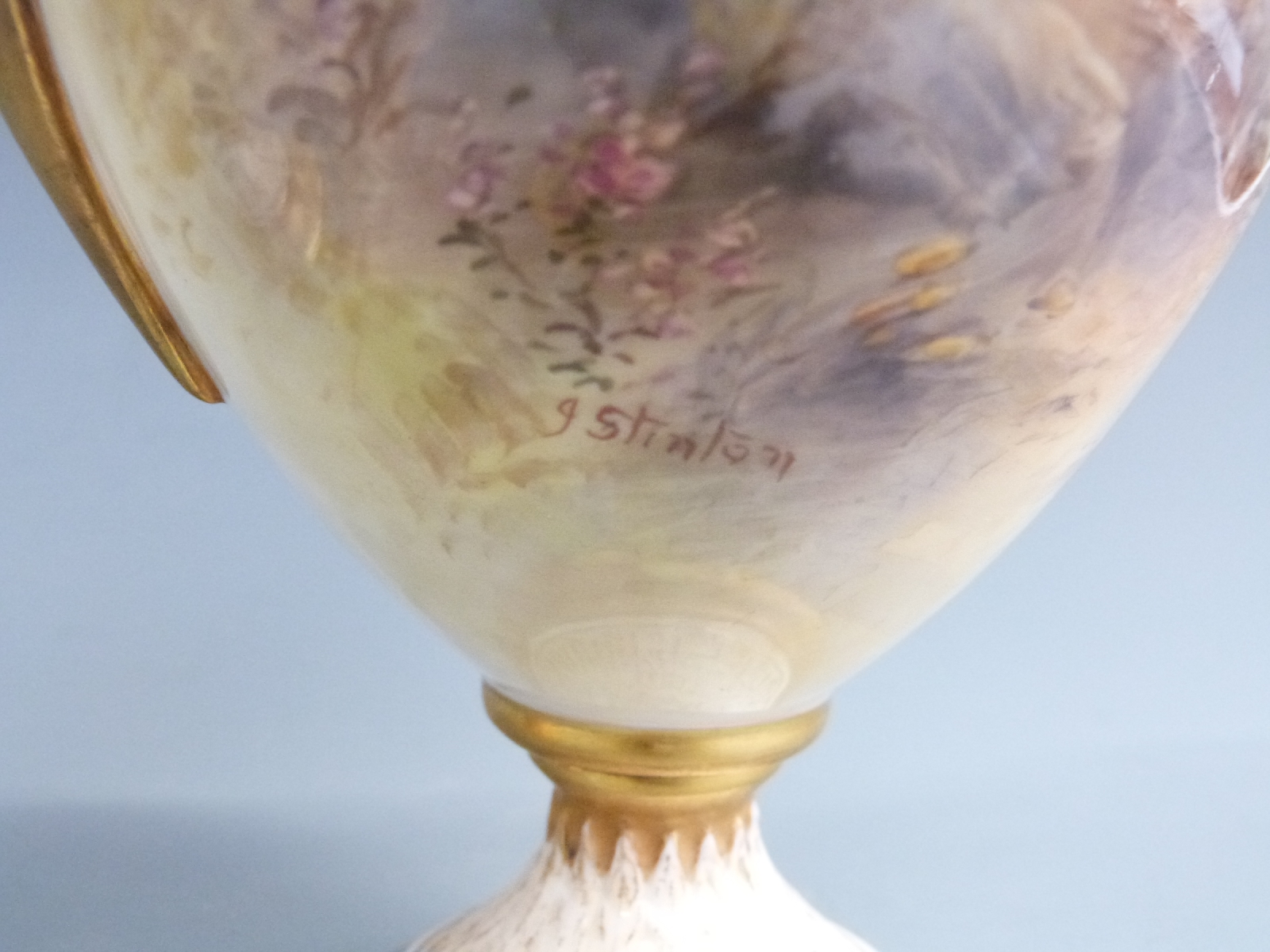 Royal Worcester pair of pedestal twin handled covered vases decorated with Highland cattle in - Image 4 of 5