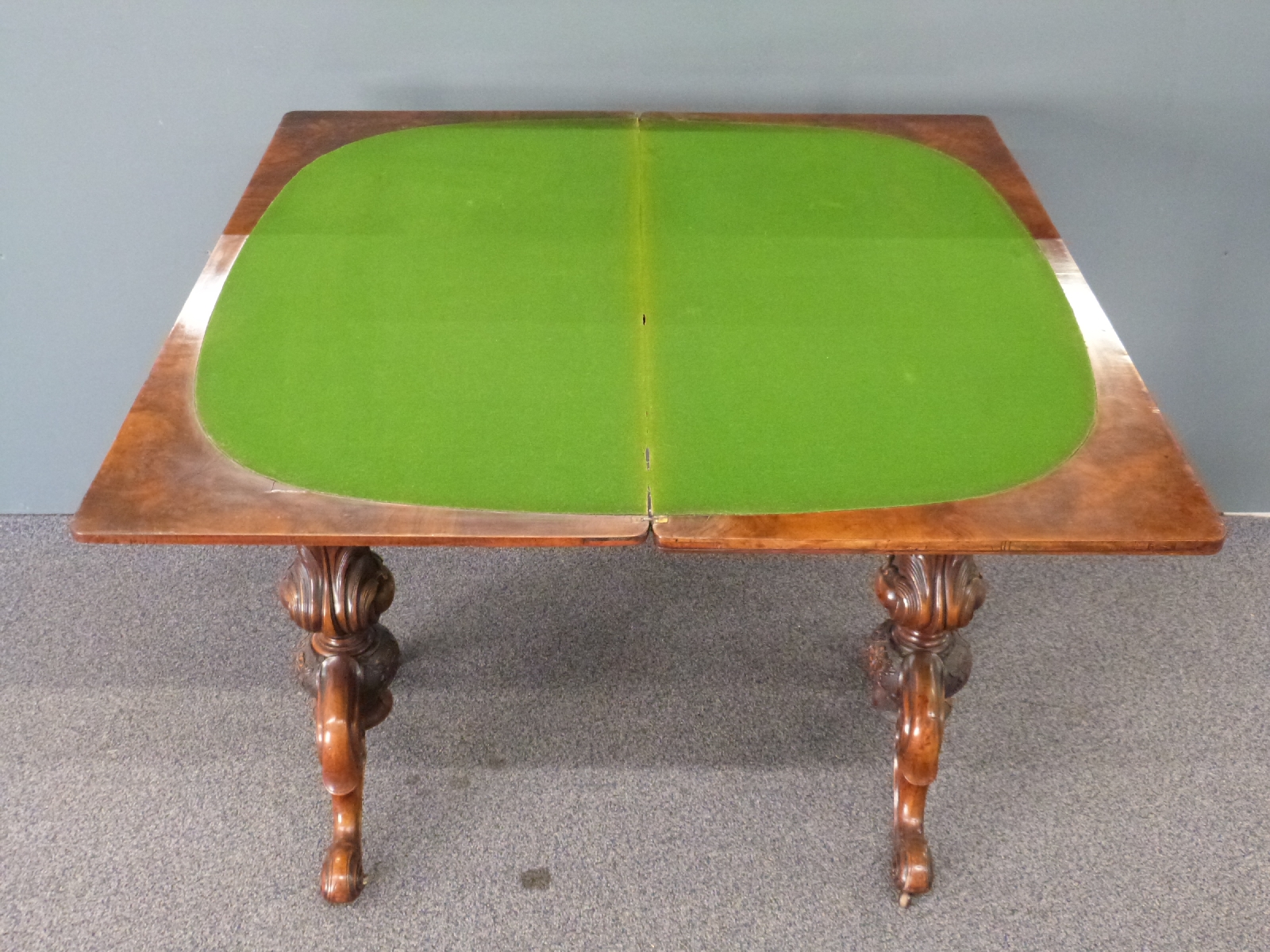 19th century burr walnut fold over games table raised on carved legs with octagonal columns, size - Image 5 of 5
