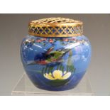 Watcombe pottery vase with kingfisher decoration and plated frog, H12.5cm