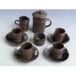 David Leach pottery coffee set comprising coffee pot, milk, sugar and four cups and saucers in