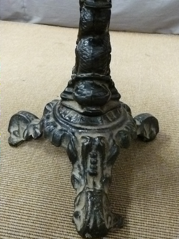 Pub table with cast iron base decorated with dolphins and a further similar base - Image 4 of 4