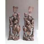 Pair of Chinese wire inlaid carved hardwood figures of warriors, H53cm