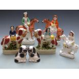 Two pairs of mounted Staffordshire figures including Prince and Princess, pair of dogs etc,