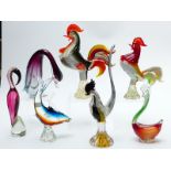 Seven Murano glass animals comprising six birds and a marlin/ shark, largest 44cm tall.