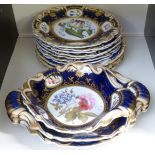 19thC porcelain dessert service, hand-decorated with botanical subjects