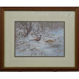 B Hobson watercolour 'The First Snow - Pheasants', pair of pheasants in a snowy landscape, signed