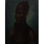 Five African oil on canvas portraits of tribal people and a further example depicting a village