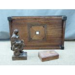 Art Deco mahogany and parquetry tray with gallery, tooled leather box and a carved wooden figure