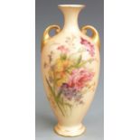 Royal Worcester blush ivory twin handled pedestal vase, shape number 287, H17cm