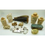 Collectables to include netsukes, snuff bottles, buckle, horn flasks etc
