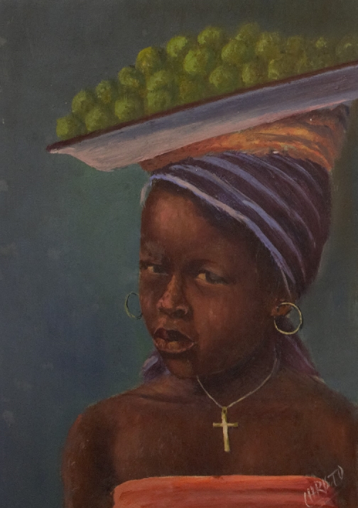 Five African oil on canvas portraits of tribal people and a further example depicting a village - Image 8 of 22