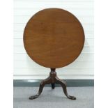 Georgian mahogany tilt top occasional table raised on tripod base with single piece top, diameter