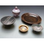 Studio pottery including large shallow dish by David Ballantyne, covered pedestal vessel and