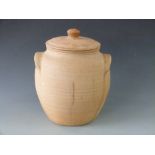 Ray Finch Winchcombe Pottery twin-handled lidded crock, unmarked but purchased from the pottery by