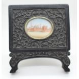 19thC Indian miniature watercolour in carved easel backed ebony frame, image 3 x 4cm, frame 9.5 x