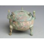 Chinese ding/bronze tripod vessel and cover with handwritten collector's label, possibly Zhou