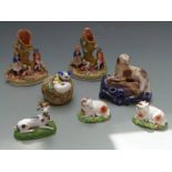 Small Staffordshire spill vases, figural inkwells, 18th/19thC porcelain animals, tallest 11.5cm