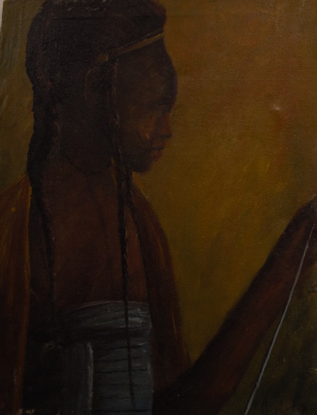 Five African oil on canvas portraits of tribal people and a further example depicting a village - Image 4 of 22