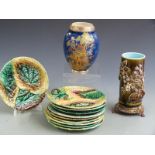 Carltonware Mikado vase, 19thC majolica plates and a 19thC vase with applied flower decoration