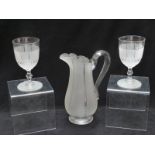 Richardsons cut glass ewer and two goblets, the ewer with part frosted finish, 28cm tall
