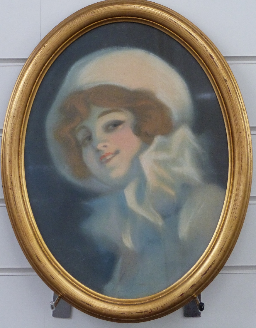 Rene Pean (1875-1945) pastel of a lady, signed lower left, maximum diameter 38cm