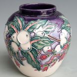 Moorcroft baluster vase decorated with fruit and dated 2002, boxed, H9cm