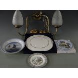 Royal Copenhagen mermaid bowl and robin plate, Wedgwood boxed cake plate, twin branch wall mounted