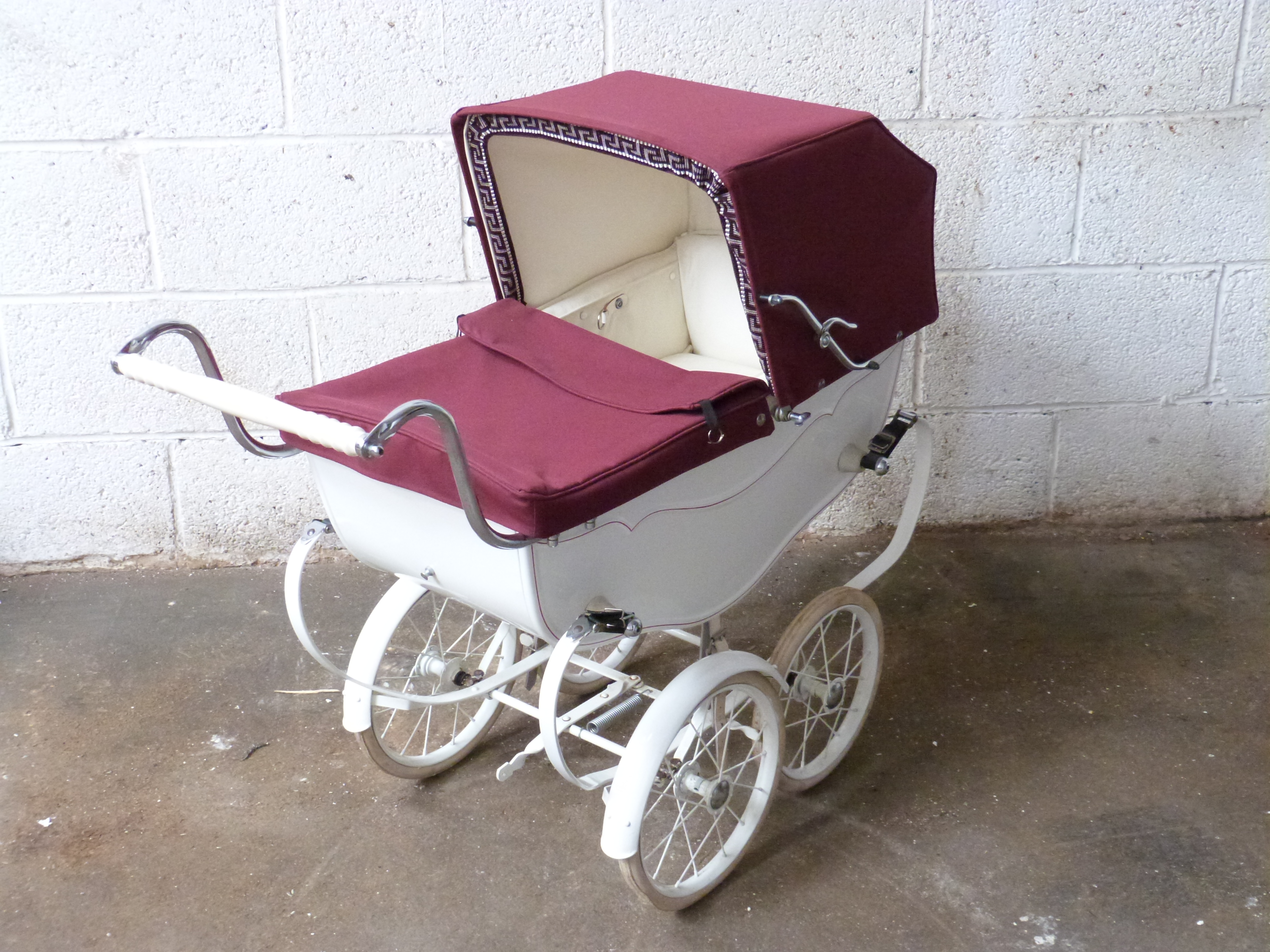 Silver Cross coach built dolls pram with maroon hood, cover and white mudguards to rear wheels, - Image 2 of 3