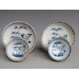 Two Nanking Cargo 18thC tea bowls and saucers with Christies labels to base, cups 4cm tall