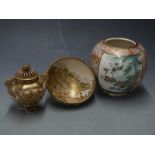 A 19th/ 20thC Japanese Satsuma bowl with mark to base, a Japanese Satsuma jardiniere and a