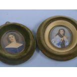 Two oval portrait miniatures of ladies, both indistinctly signed, maximum diameter 8cm, in green