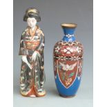 A famille noir figure of a Japanese geisha and a cloisonné vase, both probably early 20thC,
