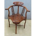 Chinese elm corner chair with pierced splats and shaped back support, H85cm