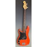 Fender Precision bass guitar in red lacquered finish, USA made, serial no. S745005, in hard plush