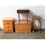 Pine bedside chest of drawers, pine box, stand and a table, tallest 67cm