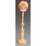 19thC Chinese carved ivory puzzle ball and base diameter 9cm, with inscription 'To AJ Dyer from