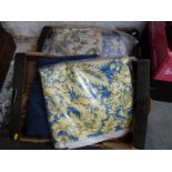 Four boxes of mainly curtain fabric, backing, rolls of hanging header, tassels, ropes, tiebacks