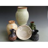 C H Brannam Barum Pottery three handled vase, Denby, Prinknash and other pottery items, tallest 27cm