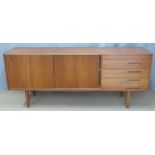 Retro G plan or similar sideboard with sliding doors and four drawers, W190 x D43 x H79cm