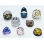 Eight various paperweights including Caithness, blue john, Wedgwood etc.