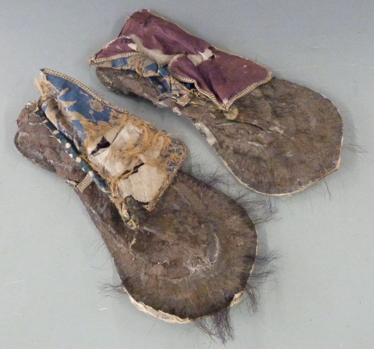 Pair of Japanese Samurai leather and silk overshoes, likely Edo period, L32cm