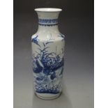 Chinese blue and white rouleau vase with bird decoration and Kangxi mark to base, 43cm tall