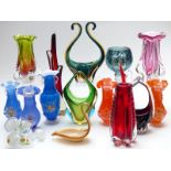 Sixteen pieces of coloured glass to include Whitefriars controlled bubble vase, Murano sommerso,