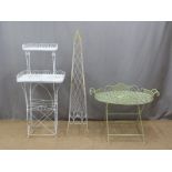 Three metalwork garden/conservatory tables/stands, height of tallest 138cm