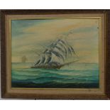 Miniature oil on canvas ship in full sale, indistinctly signed lower left possibly Martinelli, 40